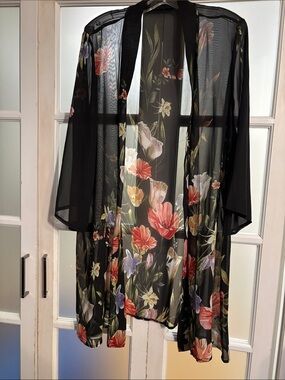 Sheer Black Floral Kimono Cover-Up